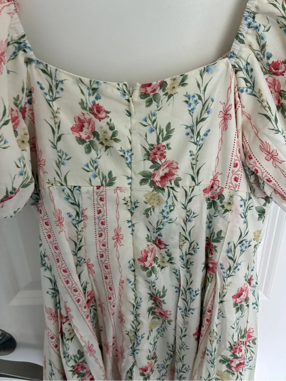 NWT 100% cotton Storia Cream and Pink Floral Puff-Sleeve Midi Dress - Picture 8 of 11
